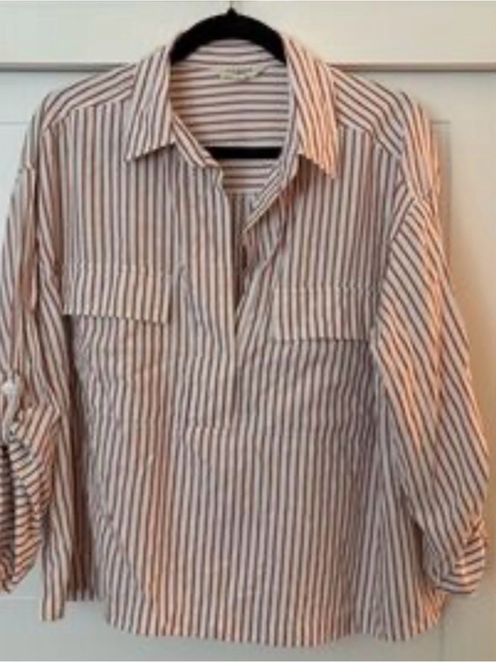 Max Studio Striped Utility Popover Blouse M NWT red white